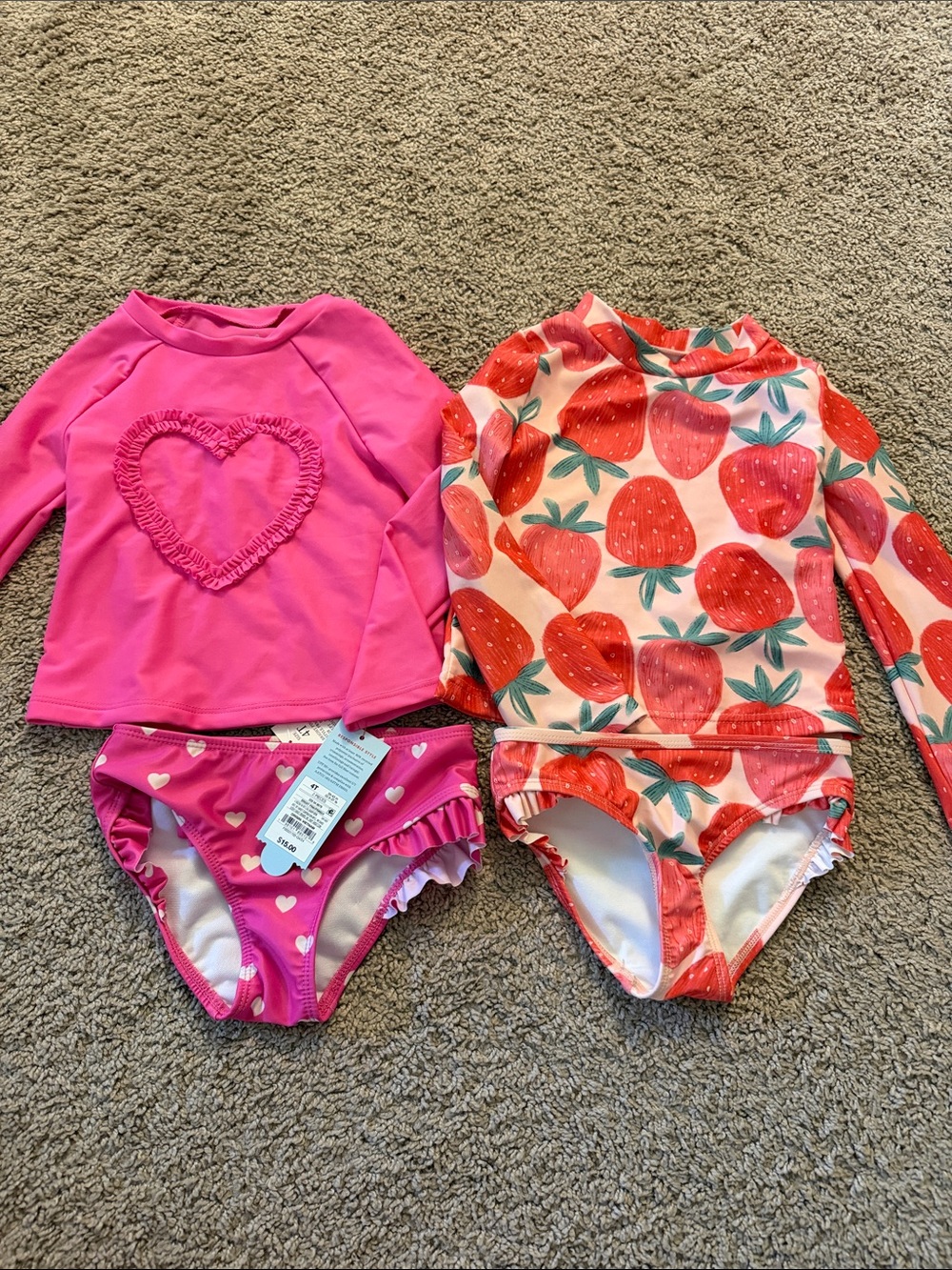 Cat & Jack Girls Pink Heart Rashguard Set and Strawberry Print Two-Piece Swim
